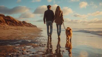 AI generated Young women man and dog walking on the beach photo