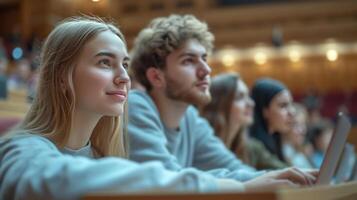 AI generated Young cute students are watching something on a laptop together photo