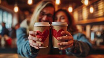 AI generated A beautiful young and happy couple drinks coffee together in a coffee shop on foam coffee cups in the shape of hearts photo