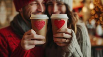 AI generated A beautiful young and happy couple drinks coffee together in a coffee shop on foam coffee cups in the shape of hearts photo