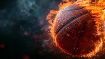 ai generado un baloncesto pelota en fuego en un negro antecedentes en el Derecha foto