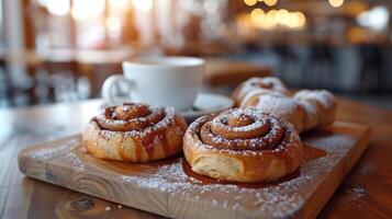 AI generated Warm delicious cinnamon rolls lie on a wooden board. Next to it is a cup of cappuccino photo