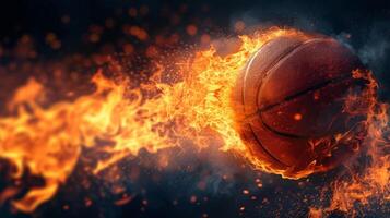 ai generado un baloncesto pelota en fuego en un negro antecedentes en el Derecha foto