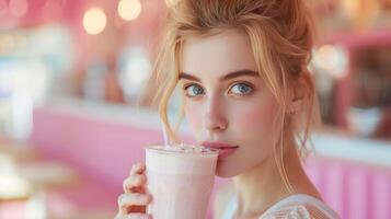 AI generated Young beautiful woman drinking a milkshake in a cafe. Blurred pink cafe background from behind photo