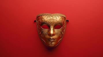 AI generated Top view of golden carnival mask on red background photo