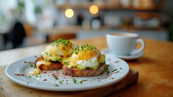 AI generated Toast with avocado and eggs Benedict on a white plate next to a cup of cappuccino photo