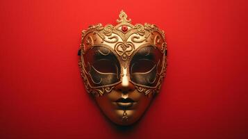 AI generated Top view of golden carnival mask on red background photo