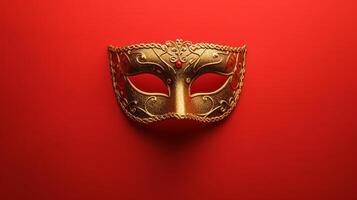 AI generated Top view of golden carnival mask on red background photo