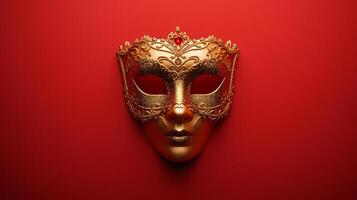 AI generated Top view of golden carnival mask on red background photo