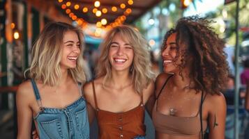 AI generated Three female best friends having fun together walking in street coffee shop photo