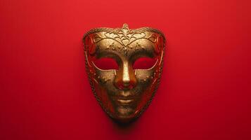 AI generated Top view of golden carnival mask on red background photo