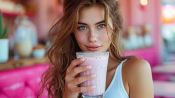 AI generated Young beautiful woman drinking a milkshake in a cafe. Blurred pink cafe background from behind photo