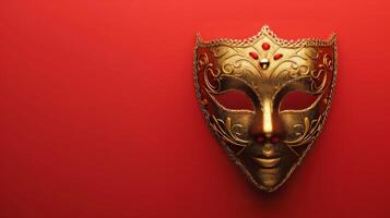 AI generated Top view of golden carnival mask on red background photo