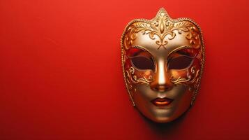 AI generated Top view of golden carnival mask on red background photo