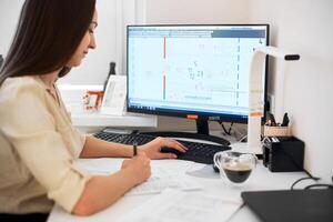 Portrait of a remote worker. An adult woman sits at a table in front of a computer and draws up a costly estimate. Confident young lady freelancer working from home. photo