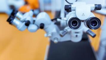 medical equipment. close up picture of an operating microscope in a laboratory. Ophthalmologist. health, ophthalmology concept photo