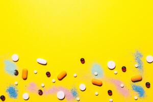 Yellow pharmaceutical medical background. Multicolored pills top view. childhood diseases. place for text. Copy space photo