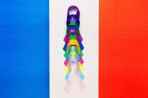 Centre International de Recherche sur le Cancer. World cancer day background. Colorful ribbons, cancer awareness. photo