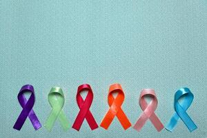 World Cancer Day. Colorful ribbons, cancer awareness, blue background. International Agency for Research on Cancer photo