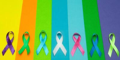 World cancer day February 4 background. Colorful ribbons, cancer awareness. blue surface from above photo