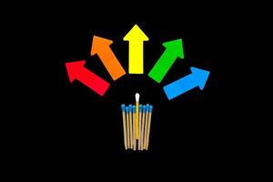 Multi-colored matches on a black background with arrows symbolizing the right to choose. Inclusion. photo