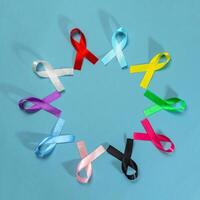 World Cancer Day. Colorful ribbons, cancer awareness, blue background. International Agency for Research on Cancer photo