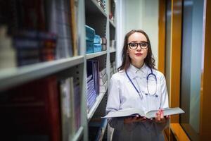 Doctor beautiful medical student in the library reading a book between stylazhey. In his hand he holds glasses. selective focus photo