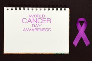 Pink ribbon for text World Cancer Day Awareness, symbolic bow color raising awareness on people living with women's breast tumor illness. bow isolated with clipping glitter blue background photo