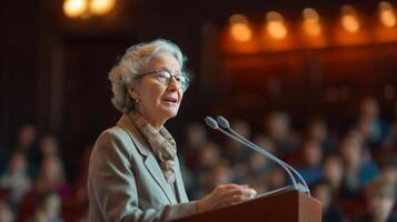 AI generated An elderly beautiful woman professor in a suit speaks from the podium in front of an audience photo