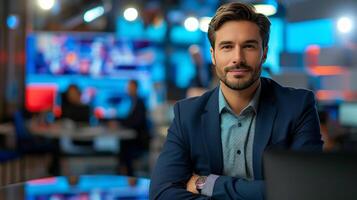 AI generated An adult, confident male news anchor tells the news on a federal channel photo