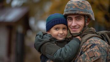 ai generado americano sonriente joven hermoso soldado participación un chico en su brazos foto