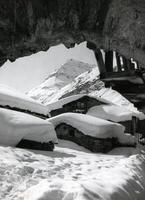 un negro y blanco foto de un nieve cubierto montaña
