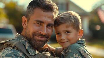 AI generated American smiling young handsome soldier holding a boy in his arms photo