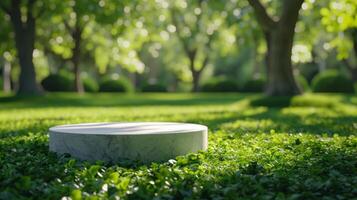 AI generated A white empty stone round podium stands on the green grass. Blurred summer forest in the background photo