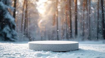 AI generated A white empty stone round podium stands on the snow photo