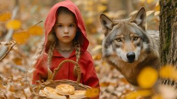 ai generado un pequeño hermosa niña en un rojo capucha camina mediante el bosque y lleva un mimbre cesta con pasteles foto