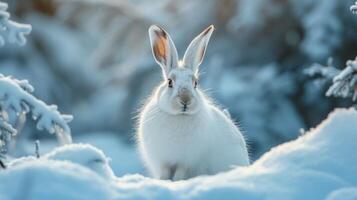 AI generated A white hare sits and looks at the camera across a snowy forest photo