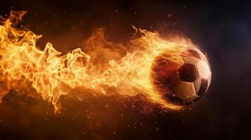 AI generated A soccer ball on fire on a black background on the right. Plenty of space for text photo