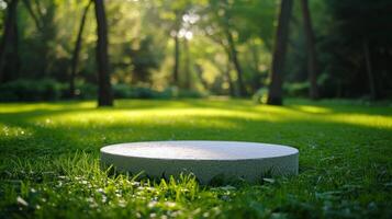 AI generated A white empty stone round podium stands on the green grass. Blurred summer forest in the background photo