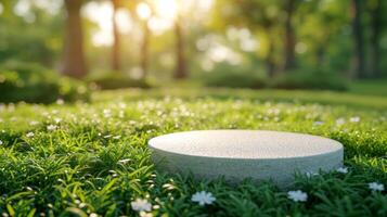 AI generated A white empty stone round podium stands on the green grass. Blurred summer forest in the background photo