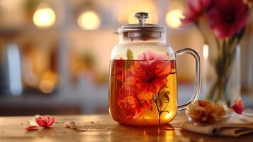 AI generated A wide glass tea infuser with a beautiful blooming flower inside and tea stands on a wooden table photo