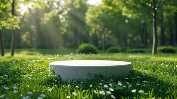 AI generated A white empty stone round podium stands on the green grass. Blurred summer forest in the background photo