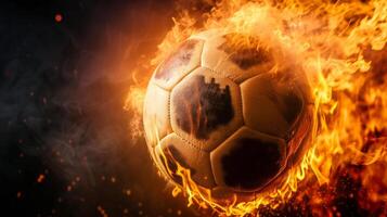 AI generated A soccer ball on fire on a black background on the right. Plenty of space for text photo