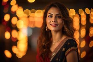 ai generado joven hermosa indio mujer a diwali celebracion foto