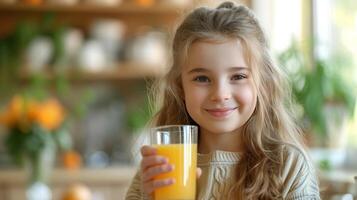 ai generado hermosa alegre niña participación un vaso de naranja jugo en su mano mira y sonrisas a el cámara foto