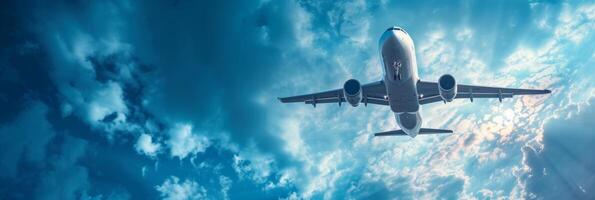 ai generado hermosa antecedentes de azul cielo y de cerca de un volador avión en el Derecha foto