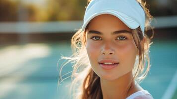 AI generated beautiful young tennis player posing and looking at the camera on a blurred tennis court background photo