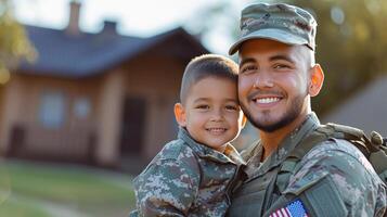 ai generado americano sonriente joven hermoso soldado participación un chico en su brazos foto