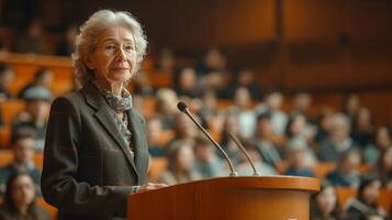 AI generated An elderly beautiful woman professor in a suit speaks from the podium in front of an audience photo