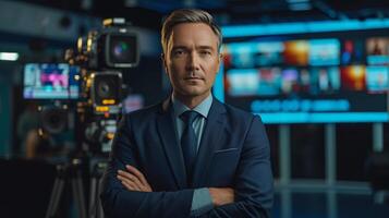 AI generated An adult, confident male news anchor tells the news on a federal channel photo